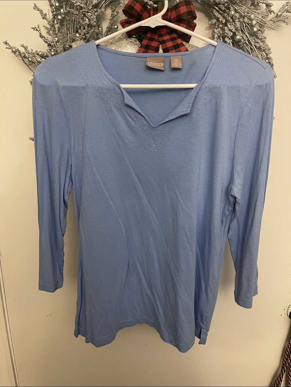 Chico's Light Blue Long Sleeve Split V-Neck Top
